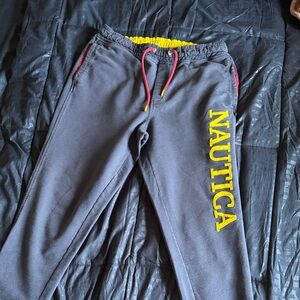 Nautica Navy Blue Sweatpants with Yellow Logo and Red Accents Size M